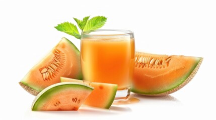 Wall Mural - Cantaloupe Slices and Juice with a Fresh Green Leaf