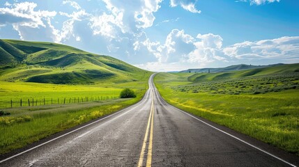 Scenic highway through lush spring fields and green hills under a blue sky