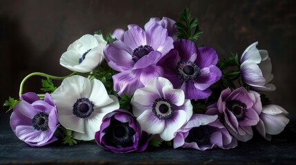 Sticker - Purple and white anemone in bouquet on dark table top