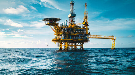 Wall Mural - A large offshore oil and gas production platform stands tall amidst the deep blue waters, showcasing the complex infrastructure needed for energy extraction
