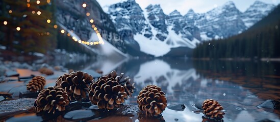 Wall Mural - Pinecones lying beside the lake with a beautiful view of the snowy mountains