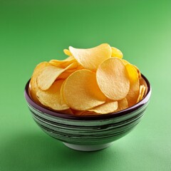 Crispy potato chips in plate on green background