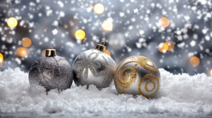 Wall Mural - Decorative Christmas balls in silver and gold on snow with grey festive backdrop