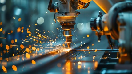 Poster - Close-up of an industrial robot arm welding metal, sparks flying.