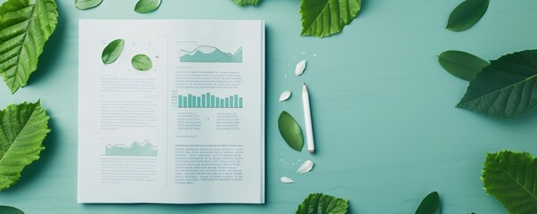 Poster - Financial documents with charts and graphs are scattered on a desk, interspersed with vibrant green leaves. This image represents the blend of environmental sustainability with financial growth,