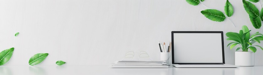 Poster - A minimalist scene with financial reports and green leaves spread across a white surface. The composition highlights the concept of sustainable finance, emphasizing eco-friendly investment practices