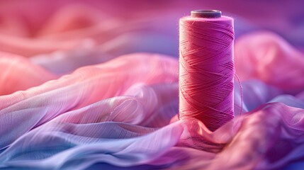 Wall Mural - Magenta thread spool and thimble on glossy chiffon fabric, vibrant composition with text copy space