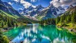 © Caitlin - Breathtaking serene mountain landscape with rugged snow-capped peaks towering above serene turquoise lake surrounded by lush green forest under crystal-clear blue sky.,hd,8k.