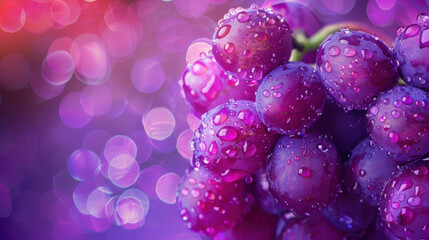 Cluster of fresh, dewy grapes against a vibrant, bokeh-filled purple background. Juicy purple grapes with water droplets create a refreshing and appealing scene