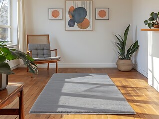 Wall Mural - Minimalist gray wool rug in a bright, airy living room with wooden floors and modern art on the walls.