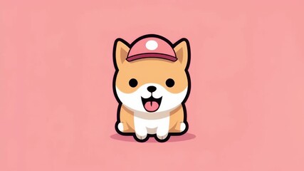 Wall Mural - Cute Shiba Inu wearing a cap, smiling while trying to catch its tail, on a light pink background	
