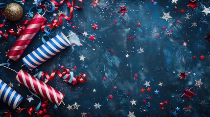 Poster - A flatlay image featuring red, white, and blue striped firecrackers and confetti scattered on a navy blue background. The firecrackers are arranged in a diagonal line, with confetti and stars scattere