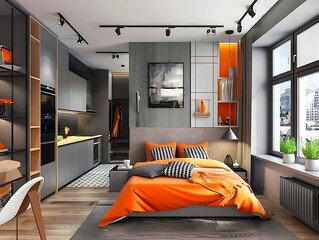 Wall Mural - Minimalist Studio Apartment with Tangerine Accents and Gray Walls, Space-Saving Design