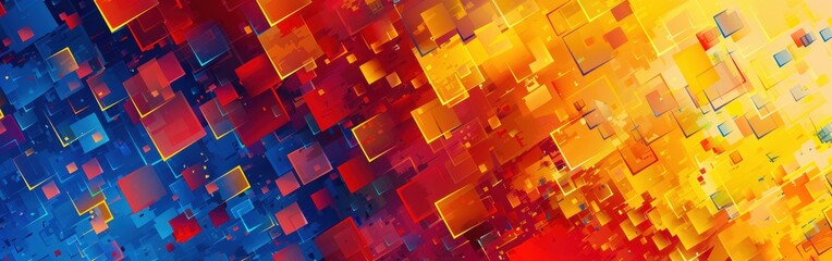 Fototapete - A colorful abstract painting with squares of blue, red, and yellow. The painting is full of squares and has a vibrant, energetic feel to it