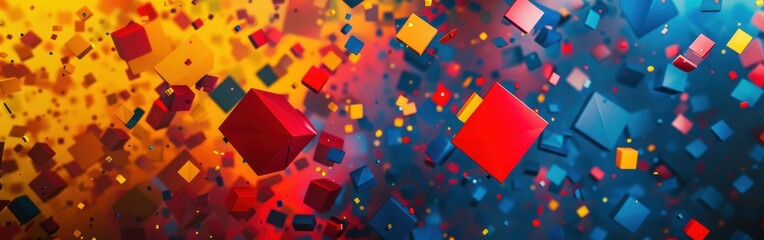 Poster - A colorful image of blocks in the air with a red square in the middle. The blocks are in different colors and sizes, and they are scattered all over the image. The image has a playful