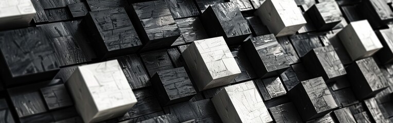 Poster - A black and white photo of a wall made of black and white cubes. The photo has a modern and minimalist feel to it