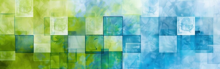 Leinwandbilder - A colorful abstract painting with green and blue squares. The painting has a calming and soothing effect on the viewer