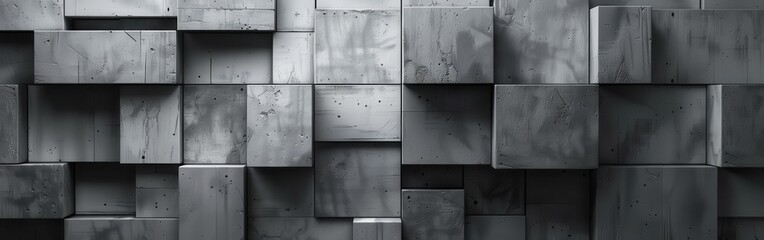 Poster - A gray wall made of concrete blocks. The blocks are arranged in a way that creates a pattern. The wall appears to be unfinished and unfinished