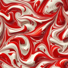Aufkleber - A close-up, abstract image of red and white swirling paint. The paint has a glossy finish, and the swirls are chaotic and dynamic. The background is a blurred, out-of-focus, and slightly grainy image 
