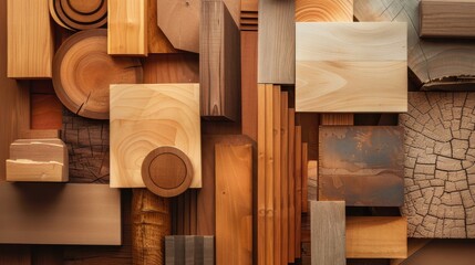 Poster - A collage of wood pieces with a rustic, natural feel. The different shapes and sizes of the wood pieces create a sense of depth and texture. Scene is warm and inviting