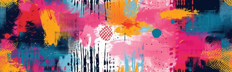Wall Mural - A vibrant abstract background design featuring colorful paint splatters, strokes, and dots. The image is dominated by shades of pink, blue, yellow, and orange, creating a dynamic and energetic feel. T