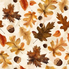 Poster - This image is a seamless pattern featuring watercolor illustrations of autumn leaves and acorns. The leaves are in various shades of brown, orange, and yellow, with detailed veins and textures. The ac