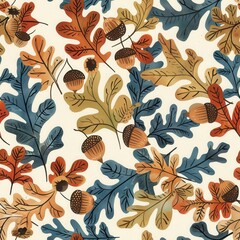Poster - This image is a seamless pattern featuring colorful watercolor illustrations of oak leaves and acorns. The leaves are depicted in various shades of blue, green, yellow, orange, and red, while the acor