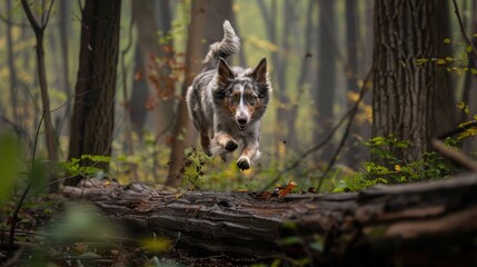Aufkleber - A dog is running through the woods, jumping over a log. Scene is energetic and playful, as the dog is enjoying its time outdoors