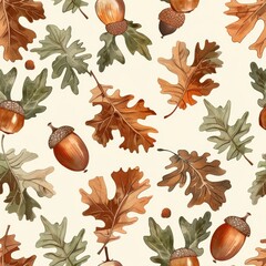 Poster - This illustration features a seamless pattern of watercolor painted oak leaves and acorns. The leaves are a mix of green and brown, suggesting the changing seasons. The acorns are brown and have a det