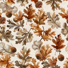 Poster - A seamless pattern featuring illustrations of brown oak leaves and acorns against a white background. The leaves are various shades of brown and beige, with some showing signs of aging. The acorns are