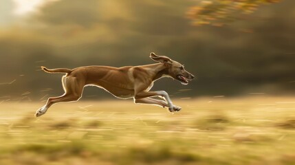 Poster - A dog is running in a field with its tail wagging. The dog is brown and white