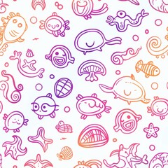 Poster - This whimsical pattern features various hand-drawn sea creatures and objects in a gradient of pink and orange hues. The illustration includes smiling fish, shells, starfish, and other marine life, cre