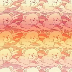 Aufkleber - This image features a seamless pattern of cartoon teddy bears in a pink, orange, and yellow gradient. The bears are drawn in a simple, cartoon style and are facing forward with their paws tucked under