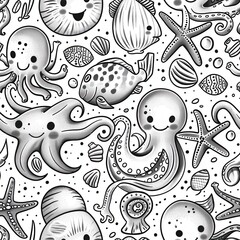 Poster - A black and white seamless pattern illustration featuring adorable cartoon octopuses, sea stars, fish, seashells, and other marine life. The illustration has a whimsical and playful aesthetic.