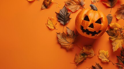 Poster - A carved pumpkin with a spooky face sits on a bright orange background, surrounded by scattered autumn leaves. The pumpkin is a symbol of Halloween, and the leaves represent the changing season. The i