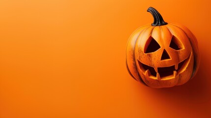 Poster - A carved jack-o-lantern with a toothy grin sits on a bright orange background. The pumpkin is centered in the right half of the frame, leaving space on the left for text or other design elements. This