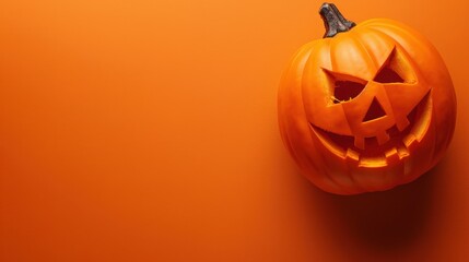 Poster - A close-up shot of a carved pumpkin with a grinning face, set against a vibrant orange background. The pumpkin has a traditional Halloween jack-o-lantern face with a wide smile and triangular eyes. Th
