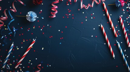 Poster - A flat lay image of red, white, and blue birthday candles and confetti scattered on a dark blue background. The candles are striped and the confetti is a mix of red, white, blue, and yellow dots. This