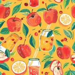 Poster - This image is a vibrant and playful pattern featuring a mix of fresh fruit and beverages. The background is a bright yellow, and the pattern includes red apples, orange slices, cherries, green leaves,
