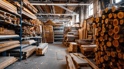 Poster - A large pile of wood is stacked in a warehouse. The wood is of different sizes and shapes, and it is in various stages of processing. The warehouse is filled with wooden planks and logs