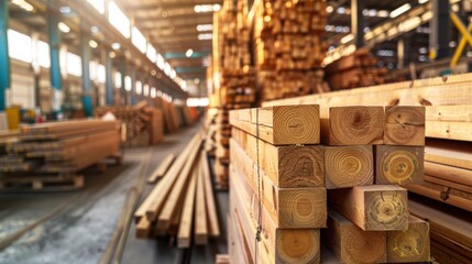 Poster - A large pile of wood is stacked in a warehouse. The wood is in various sizes and shapes, and it is freshly cut. The warehouse is filled with other stacks of wood, creating a sense of abundance