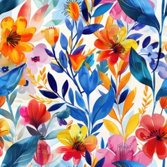 Aufkleber - A colorful watercolor painting featuring a variety of flowers and leaves in shades of blue, yellow, orange, red, and pink. The pattern is set against a white background and creates a lively and cheerf
