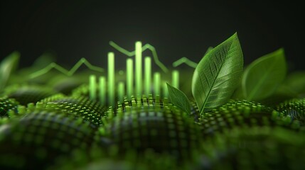 Poster - Green leaves gracefully overlaying a financial report displaying rising graphs and positive trends symbolizing growth and sustainability
