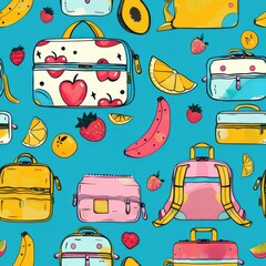 Poster - This digital illustration features a seamless pattern of colorful backpacks, lunch bags, and fruits on a bright blue background. The pattern includes backpacks with various colors and designs, lunch b