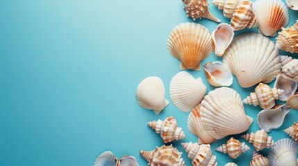 Poster - This image features a collection of seashells arranged on a bright blue background. The seashells are of various shapes and sizes, including scallop shells, cone shells, and other types of shells. The