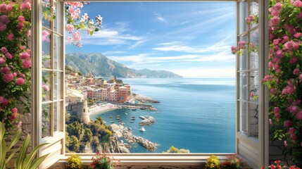 Aufkleber - A window view of a beautiful beach with a small town in the background. The water is calm and the sky is clear