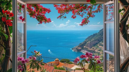 Aufkleber - A view of the ocean from a window with a boat in the water. The scene is serene and peaceful, with the blue water and pink flowers adding a touch of color and beauty