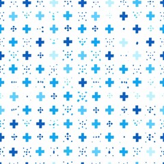 Poster - This image is a digital illustration of a repeating pattern featuring blue crosses and dots on a white background. The crosses are arranged in a grid-like formation, while the dots are scattered rando
