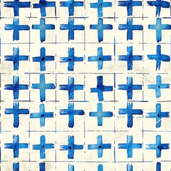 Aufkleber - This image features a repeating pattern of blue watercolor plus signs on a white gridded paper background. The plus signs are painted in a casual, expressive style, with some variation in size and sha