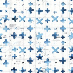 Aufkleber - This image features an abstract pattern of blue plus and x shapes on a white background. The shapes are hand-painted in a loose, expressive style, giving the design a casual and artistic feel. The pat